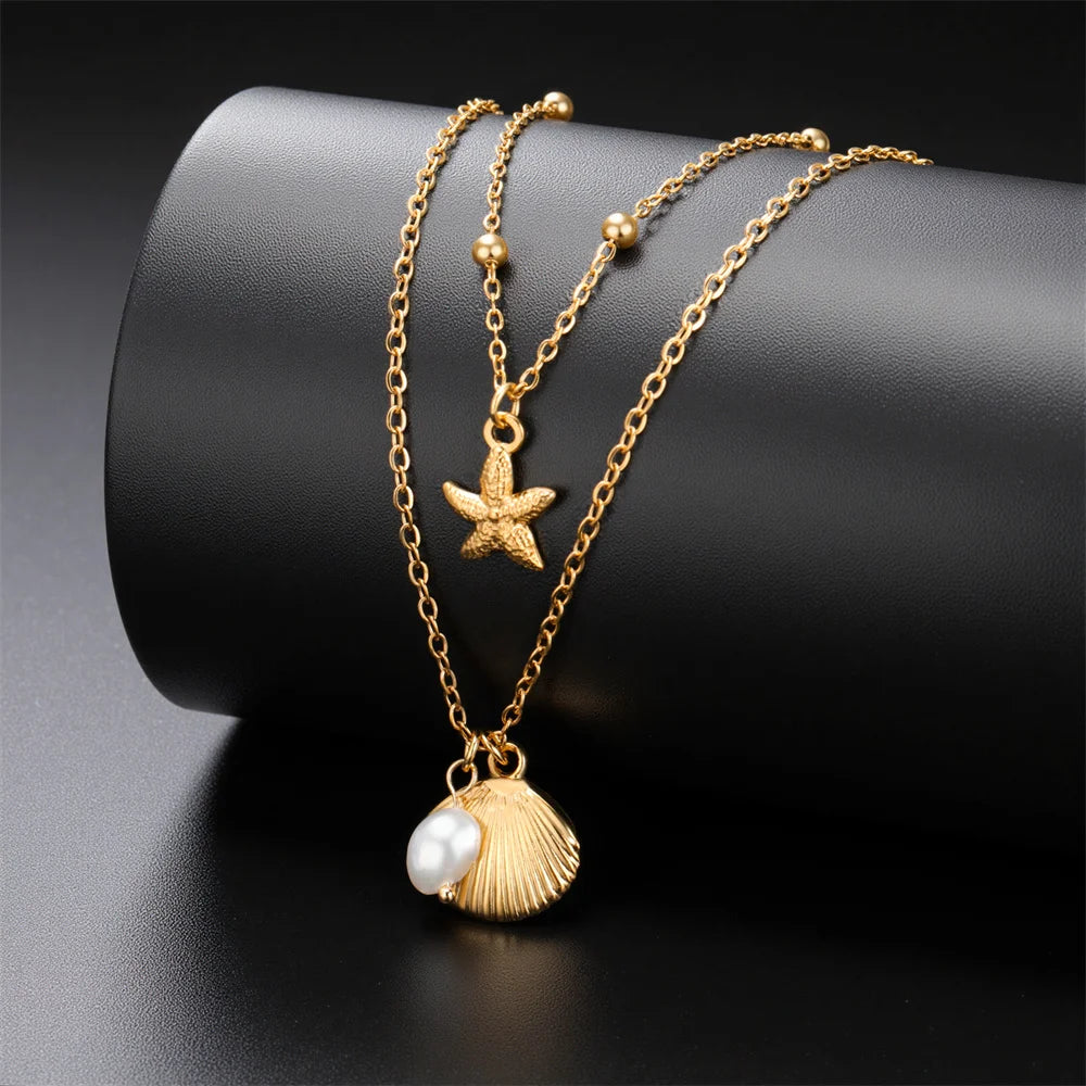Beach Shell Starfish Pearl Necklace for Woman Girls Summer Vacation Gold Color 2 Layers Stainless Steel Pendant Chain Jewelry