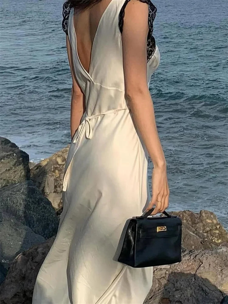 Tossy Fashion Satin Lace Long Dress Women V-Neck Patchwork Hollow Out Sleeveless Lace-Up Dress Evening Female Autumn Maxi Dress