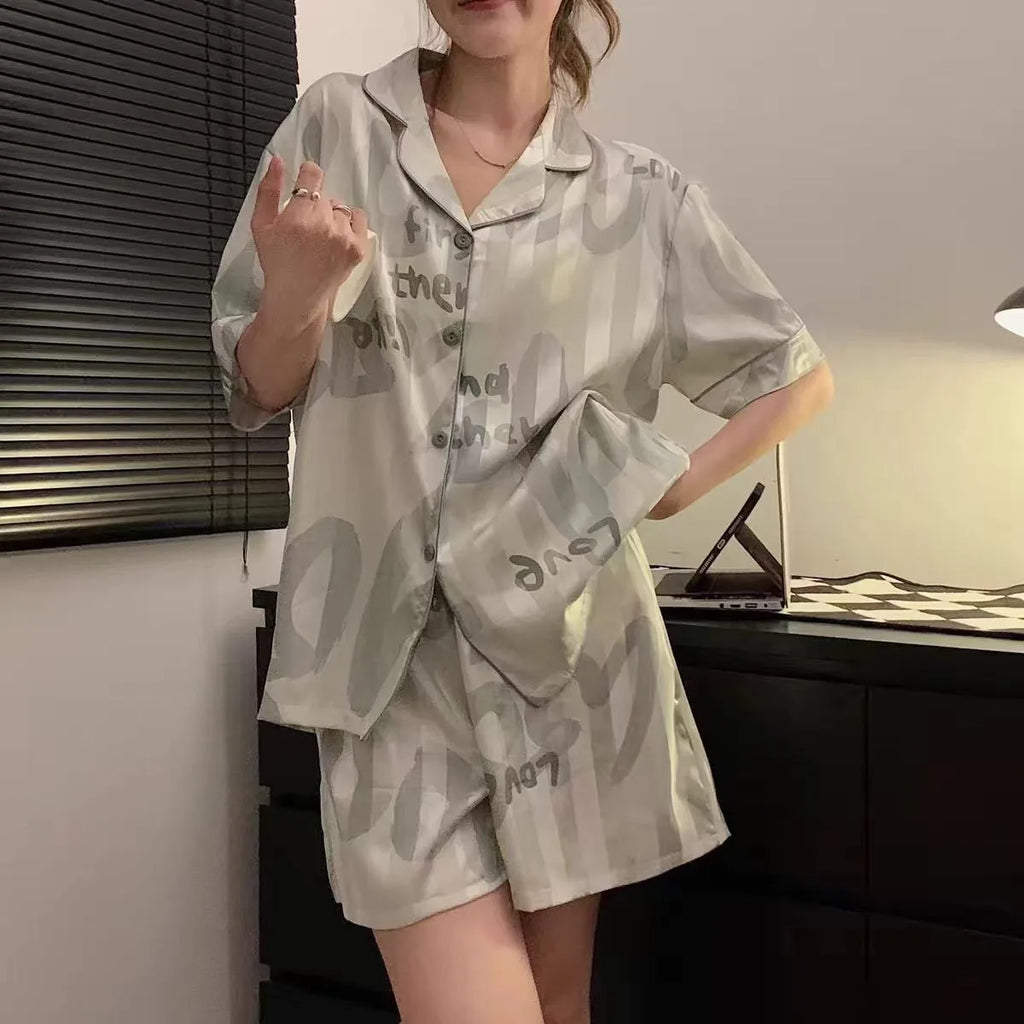 Women Sleepwear Ice Silk Girl Home Wear Cardigan Floral Sweet 2PCS Set Ladies Short Sleeve Shorts Student Pajamas M L Nightwear
