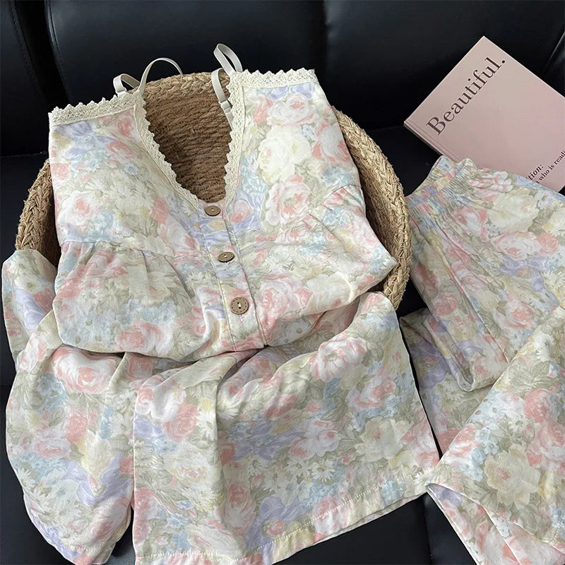 Women's Sleepwear Korean Version Floral Sleepwear Women's Summer Thin Design with Chest Cushion Cloud Cotton Suspender Pants