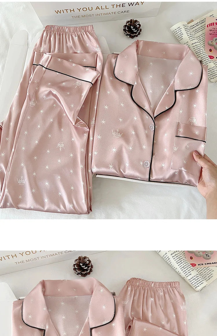 New Japanese-Style Sweet Girl Floral Print Ice Silk Pyjama Set Women's Spring/Autumn Long-Sleeved Top and Trousers Homewear Set