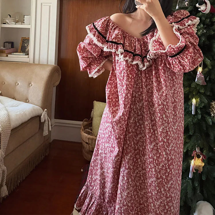100% Pure Cotton Nightgown Women 2026 New Arrival Spring Summer French Retro Sweet Flower Printed Nightdress Loungewear