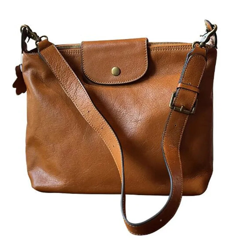 2026 Vintage vegetable tanned cowhide women's bag Leather single shoulder crossbody casual large capacity holiday bag