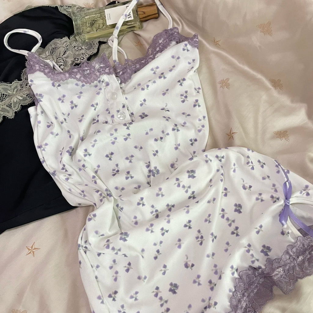 Sexy Floral Nightgowns Women Lace Patchwork Korean Romantic Sleepwear Spaghetti Strap Y2k Bodycon Comfortable Trendy Daily Ins