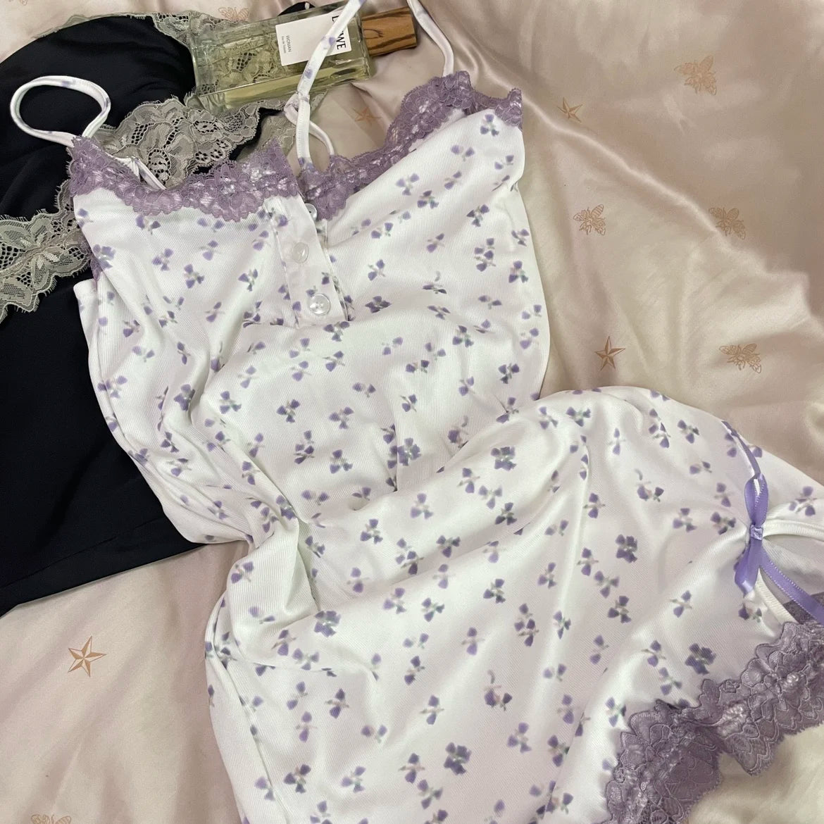Sexy Floral Nightgowns Women Lace Patchwork Korean Romantic Sleepwear Spaghetti Strap Y2k Bodycon Comfortable Trendy Daily Ins