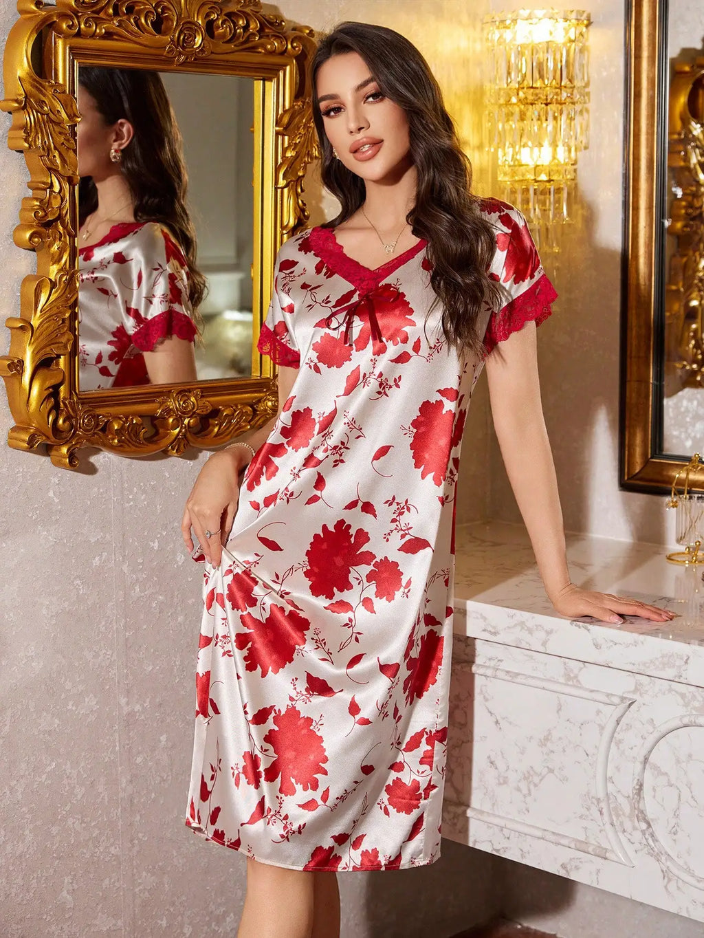 HTTHDD Lace Women Nightdress Satin Spaghetti Straps Flower Embroidery Women Pajamas Fashion Summer Evening Dress Sexy Nightgown
