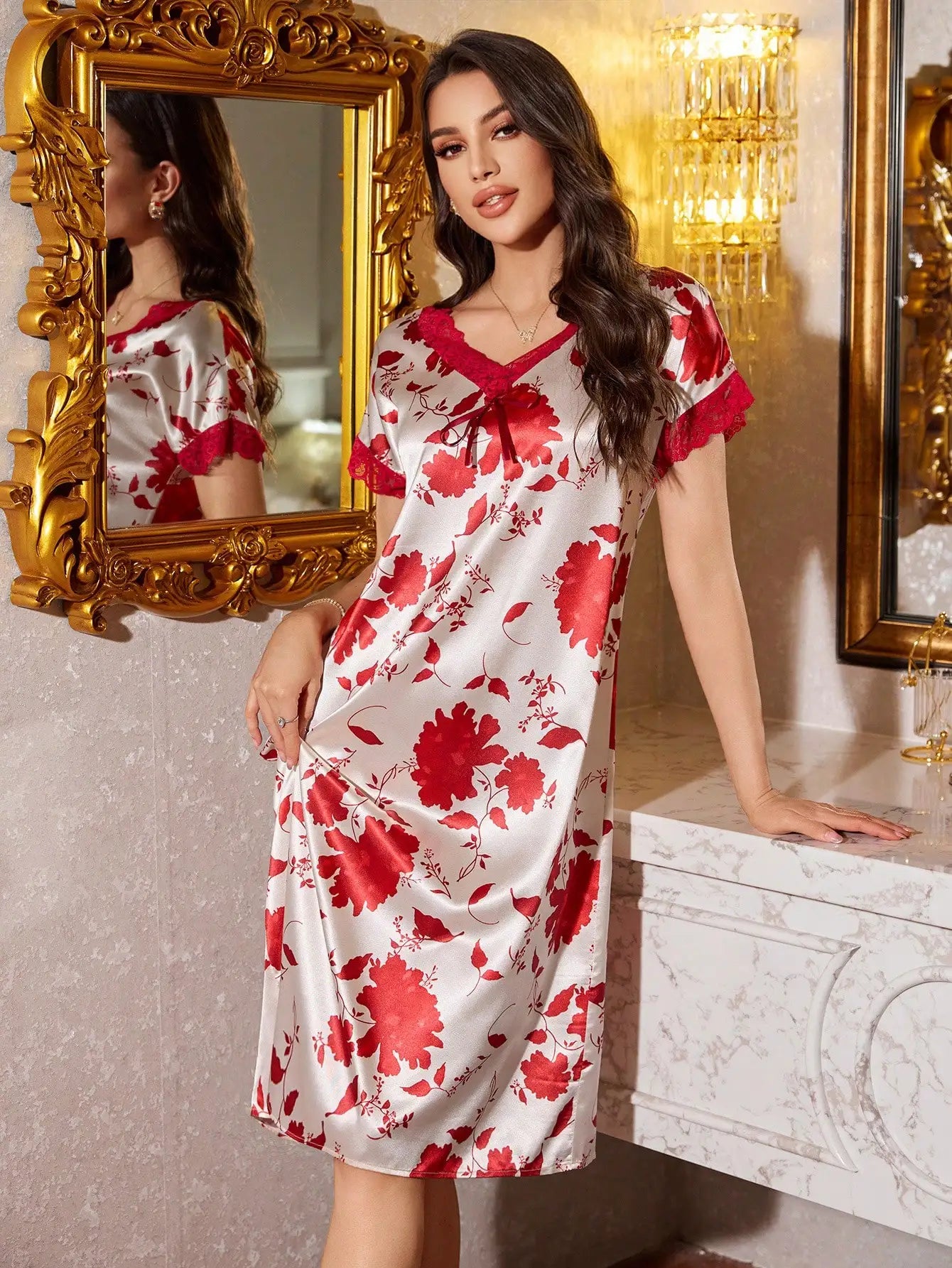 HTTHDD Lace Women Nightdress Satin Spaghetti Straps Flower Embroidery Women Pajamas Fashion Summer Evening Dress Sexy Nightgown