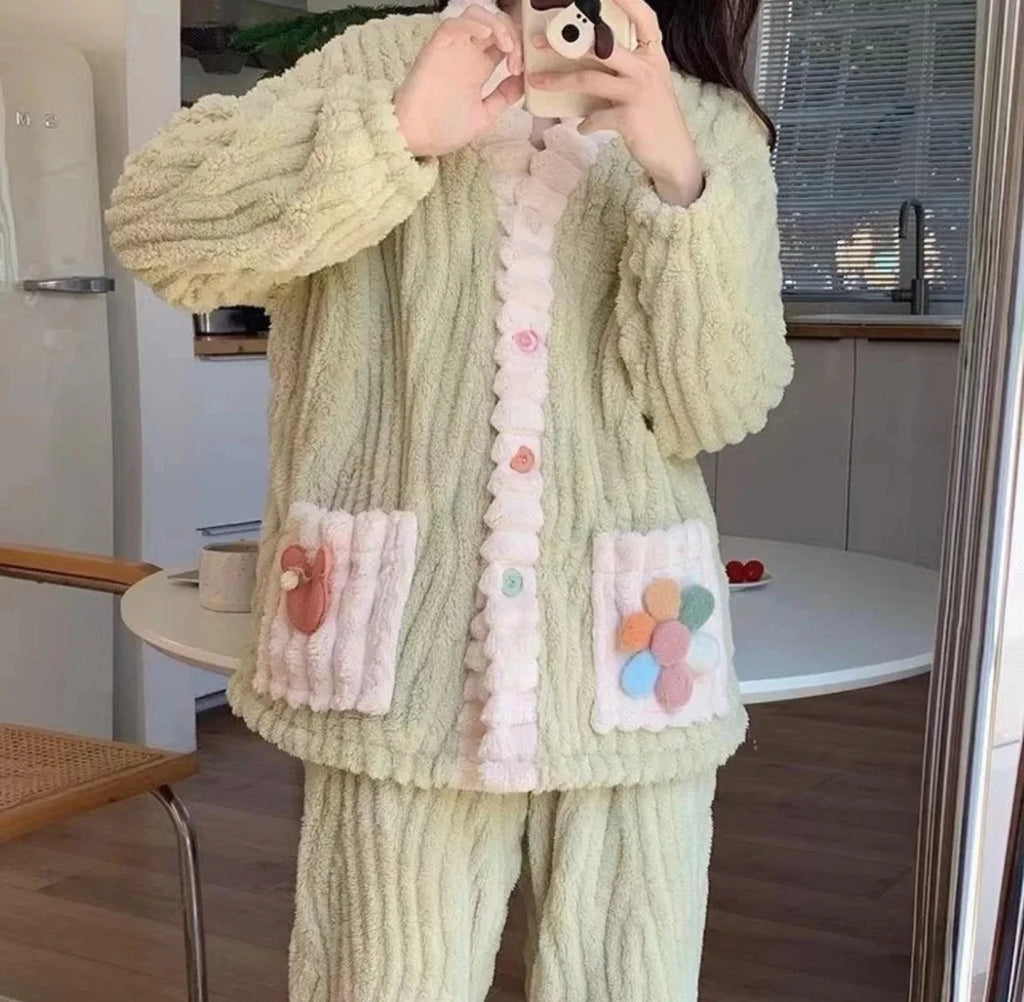 Thickened Warm Flannel Women Sleepwear Loungewear Cardigan Suit Winter Sweet Kawaii Soft Fairy Wind Ladies Pajamas Homewear