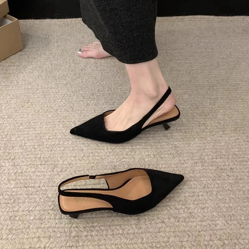 SUOJIALUN 2024 Spring New Women Sandal Fashion Pointed Toe Shallow Slip On Dress Mules Shoes Thin Low Heel Slingback Sandal