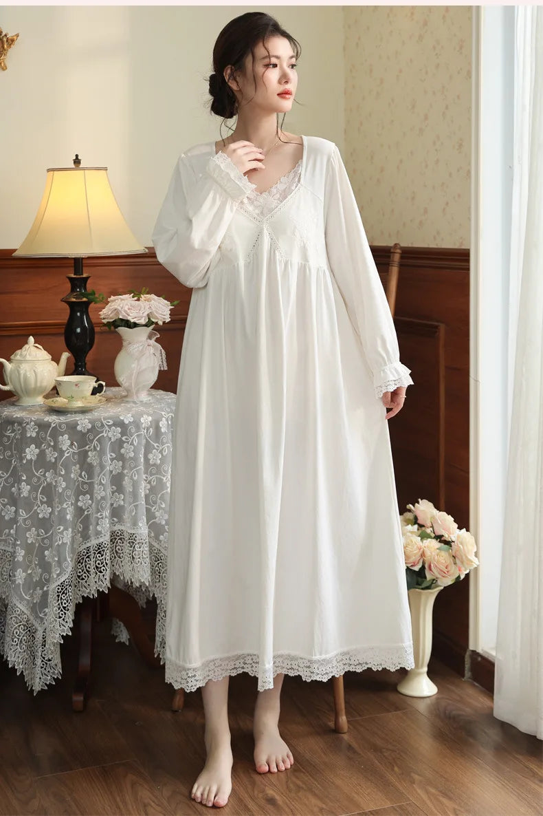 Vintage Victorian Nightgown Women Lace Embroidered Palace Style Princess Sleep Dress Cotton Soft Romantic French Loungewear