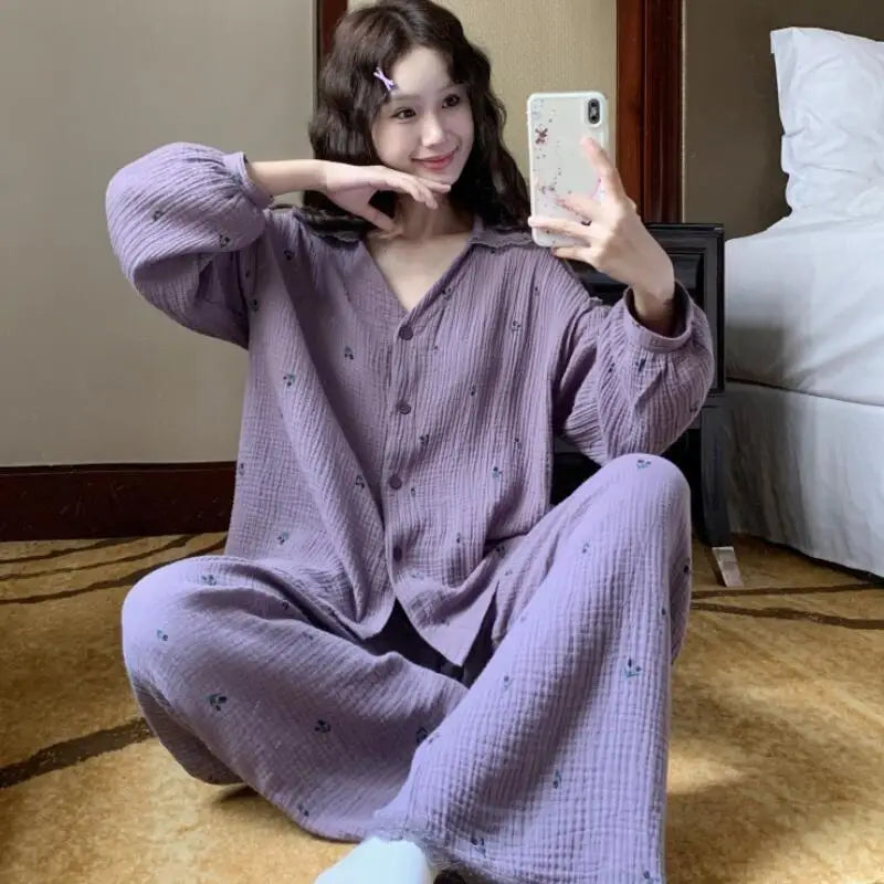 Cute Lapel Sweet Girl's Small Floral Pajama Spring New Elegant Women's Long Sleeved Pant Home Suit Set Comfortable Skin Friendly