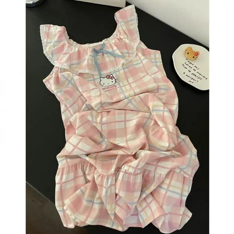 Sanrios Girls Nightgown Hello Kittys Student Suspenders Loose New Style Home Clothes Simple Printed Skirt Creative Hot Selling