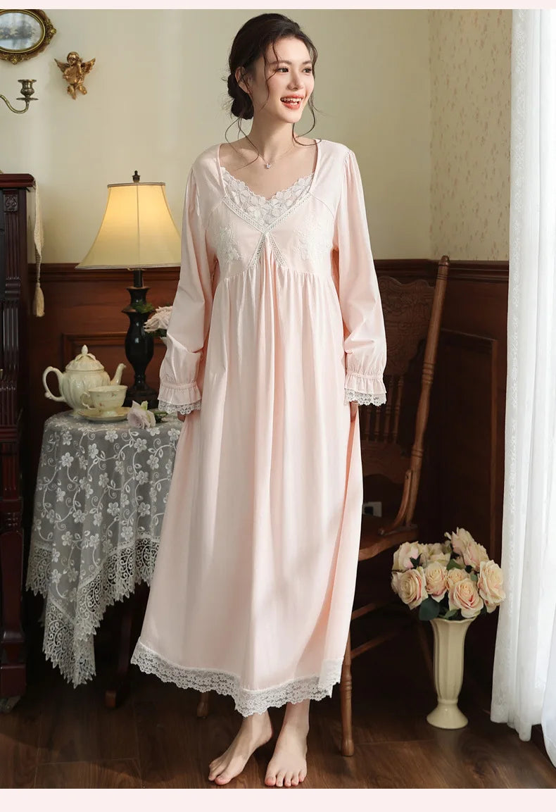 Vintage Victorian Nightgown Women Lace Embroidered Palace Style Princess Sleep Dress Cotton Soft Romantic French Loungewear