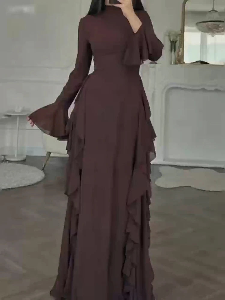 2025 European and American Women's Elegant Casual High-Waisted Solid-Colour Bell-Sleeve Dress Long Dress with Long Sleeves