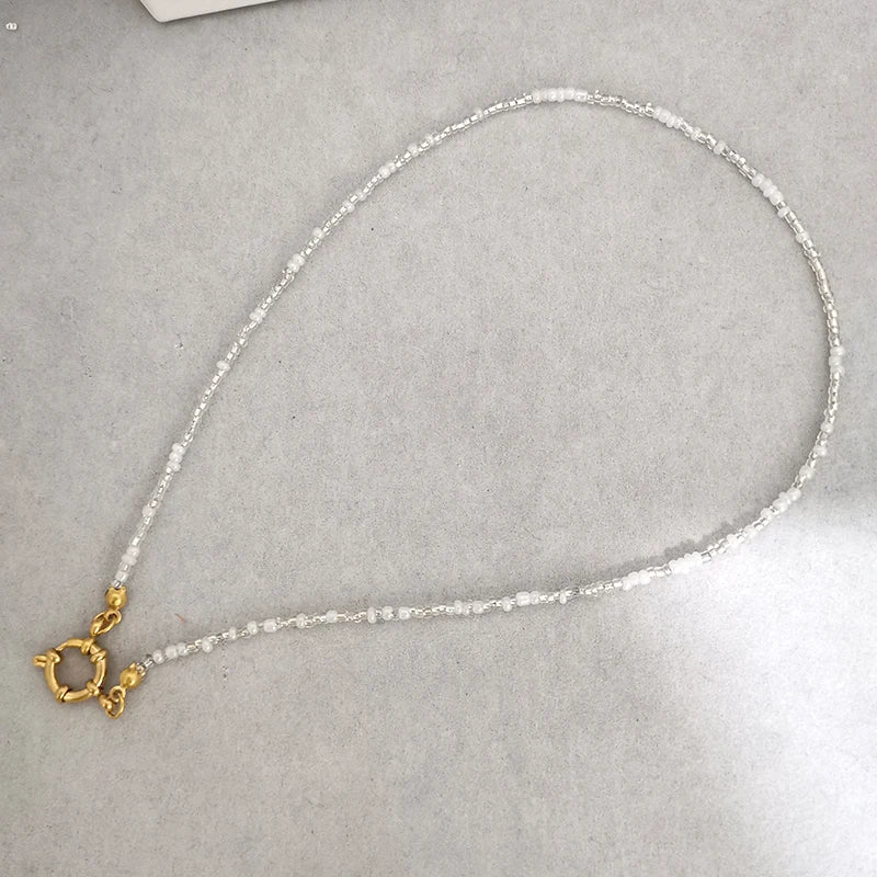 Imitation Pearl Necklace Women Choker Seed Beads Rainbow Stainless Steel Spring Clasp Sailor Buckle Base Chain Gold Color Boho