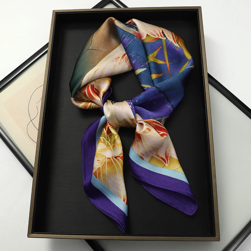 Luxury Women Silk Square Scarf Shawl Fashion Xiaoxiangfeng Print Design Satin Hijab Wraps Neckerchief Female Hair Bands 70*70CM