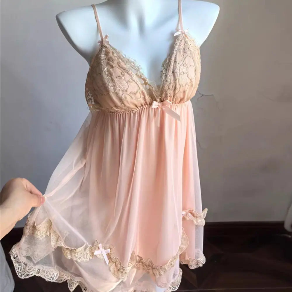 Lace Bowknot Women's Pajama Dress Flower Ruffle Suspender Nightdress Sleeveless Sleepwear Sling Nightgown with Pads Summer