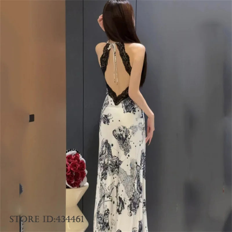 Elegant Print Flower Womens Long Robe Nightgown Set Sexy Lace Backless Nightdress Lingerie Summer New Satin Homewear Pajama
