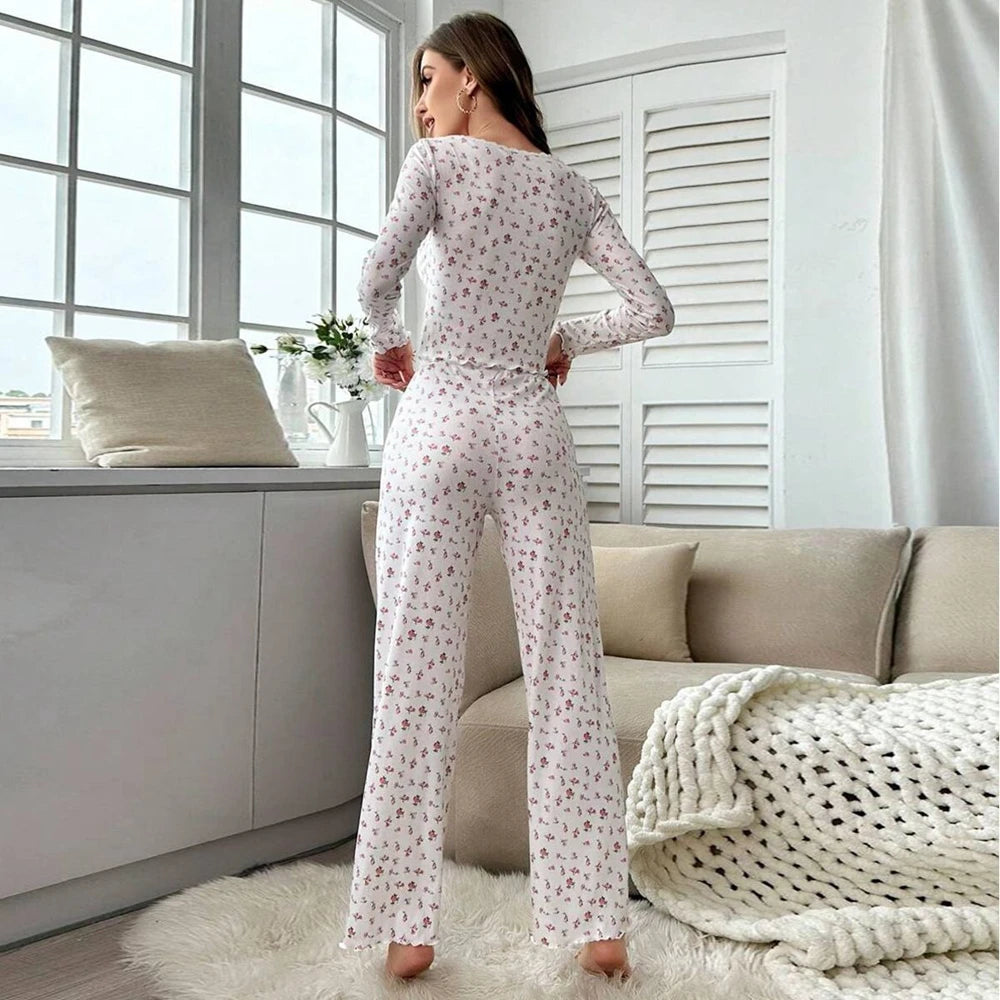Women Sexy Floral Print Pajama Sets Soft Comfortable Long Sleeve Top and Pants Loungewear Sleepwear Two Piece Set Homewears
