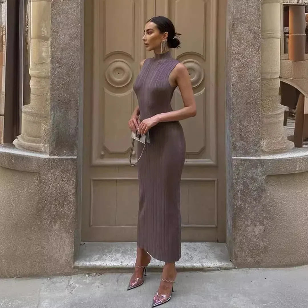 2025 Spring Sleeveless Knitwear Turtleneck Long Dress Female Slim Elegant Fashion Autumn Ribbed Knit Dress For Women Maxi Dress
