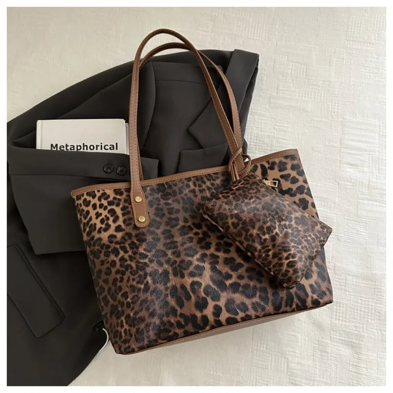 Women's Leopard Print Tote bag Pu Leather Underarm Bags Simple Casual Travel Shopping Bag Large Capacity Mother and Child Packag