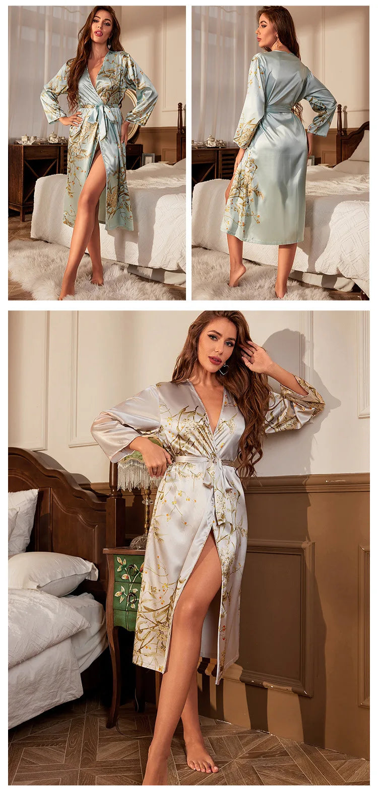 2025New Silk Kimono Robe for Women Floral Print Long Sleeve Lightweight Sexy Sleepwear Lace Up Bathrobe