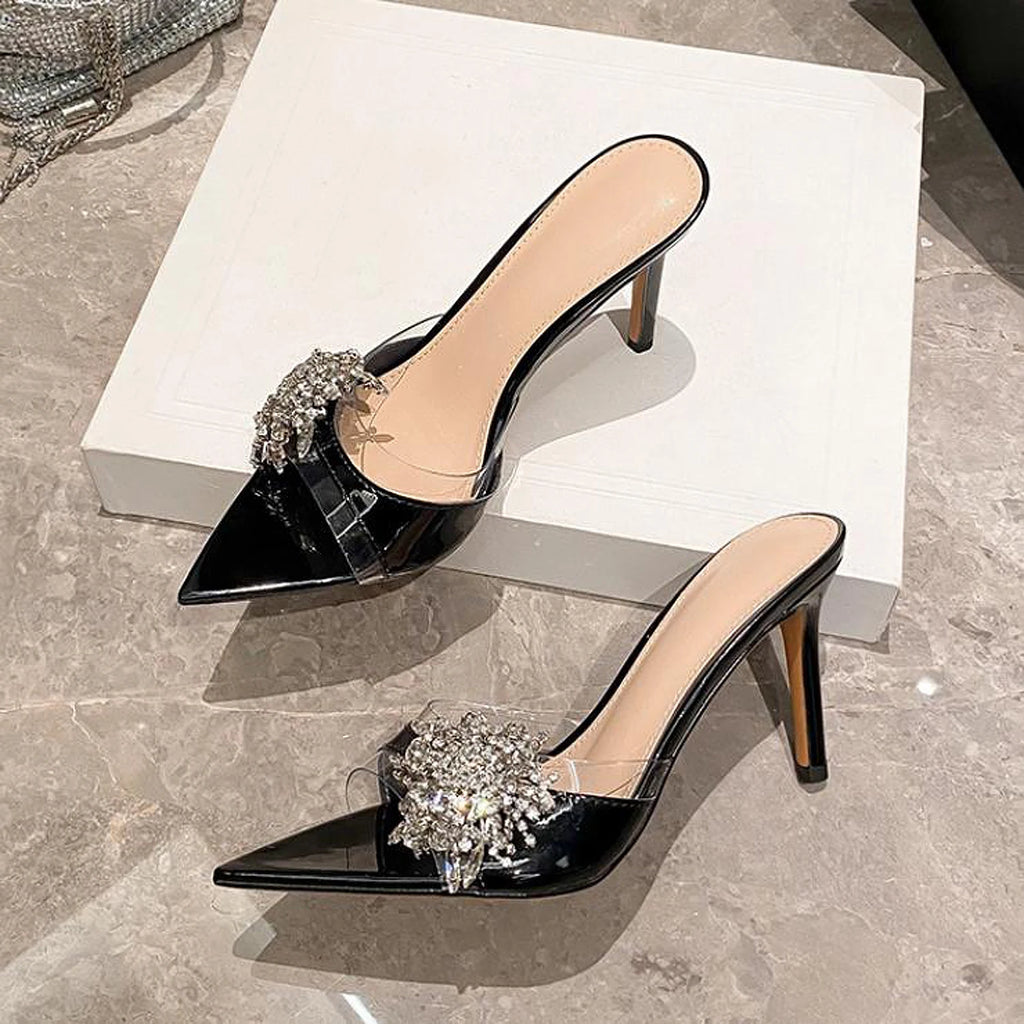 Sexy lady 2026 Diamond-Encrusted Pointed-Toe Mules Women's Sandals Transparent High Heels Sexy Thin Heel Versatile Slipperss