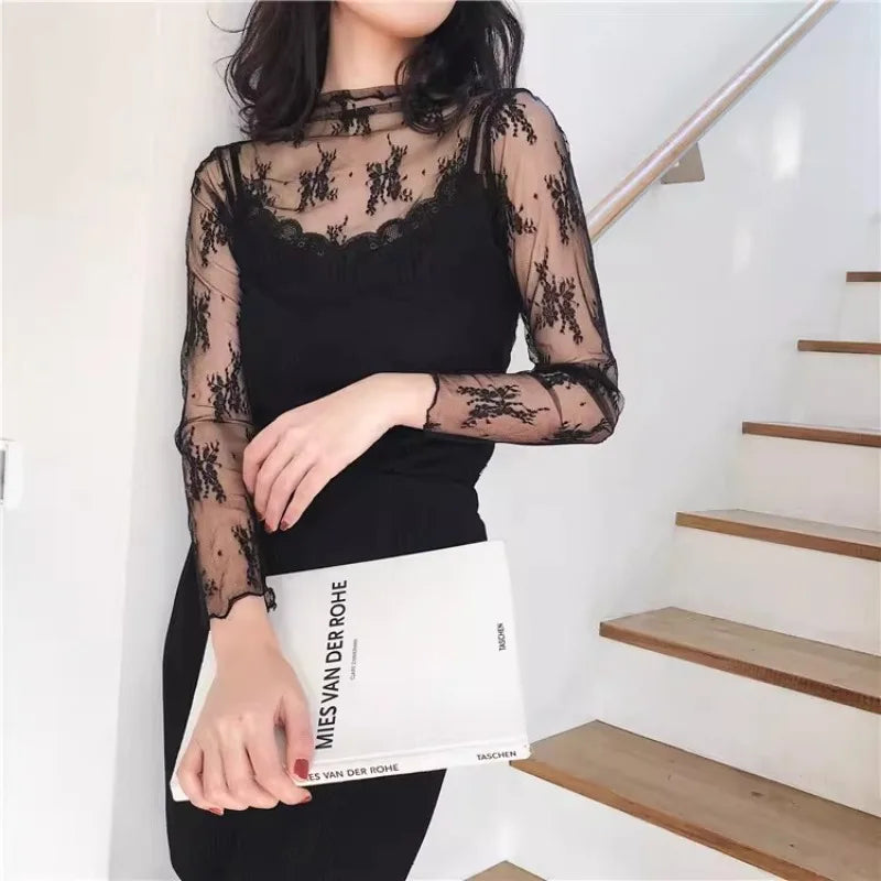Sexy Floral Lace and Mesh Ruffle Nightgown Woman Sleep Tops Nightie Turtleneck Mesh Layering Top Y2k Floral Tee Shirts Blouse