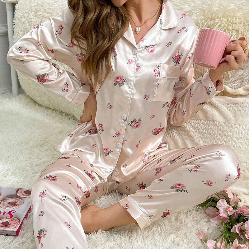 Pajamas For Women's Floral Print Long-Sleeved Sleepwear Button Down 2 Piece Soft Loungewear Pjs Set Pajama Pants Homewear