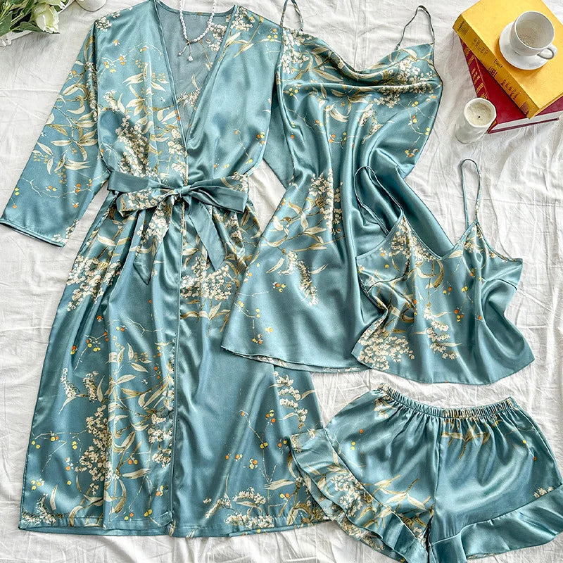 Oversize Pijama Mujer Print Flower 4Pcs Robe Pajama Set Loungewear Summer New Ice Silk Kimono Bathrobe Gown Loose Women Homewear