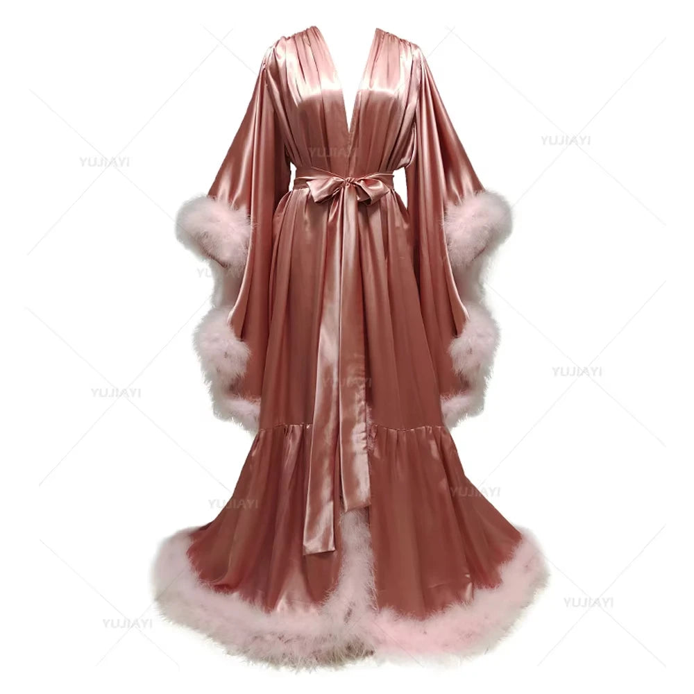 Bathrobe for Women Lingerie Flare Sleeves Bridal Feather Robe Silk Satin Luxury Long Wedding Dressing Gown Maternity Dress