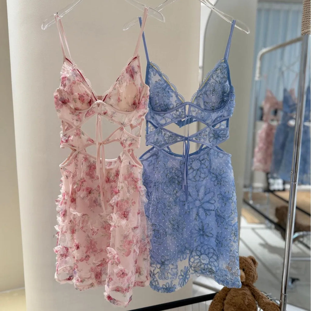 Sexy Spaghetti Strap Mini Homewear Women Sweet Floral Lingerie Hollow Out Lace Bandage Nightgown Sleepweawr Nightwear