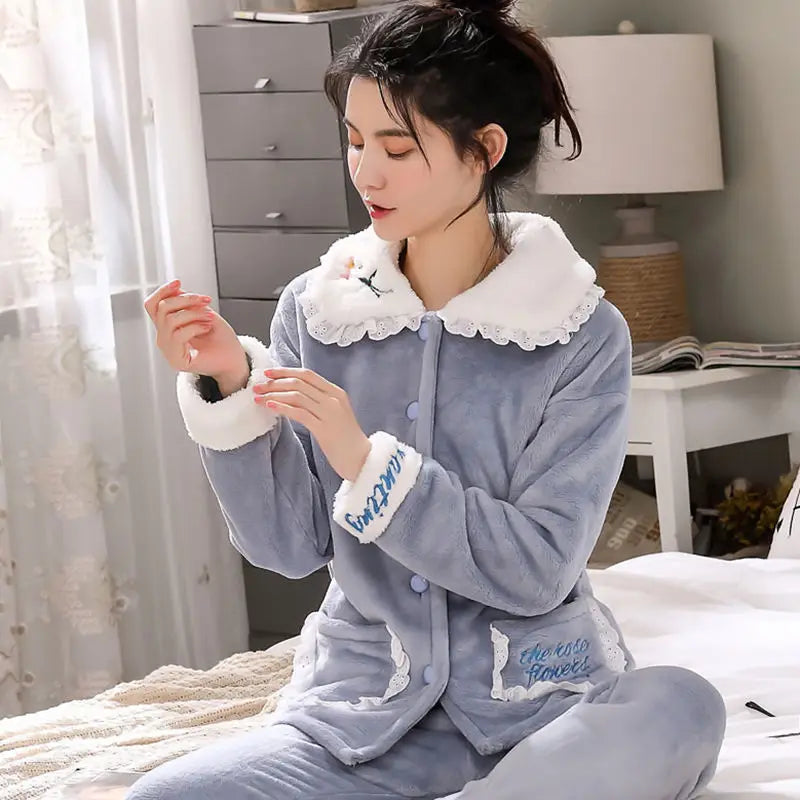 Winter Pajama Sets Women Single Breasted Tops Ankle Length Pants Thicker Cozy Nightwear Flannel Floral Warm Lounge Trendy Casual