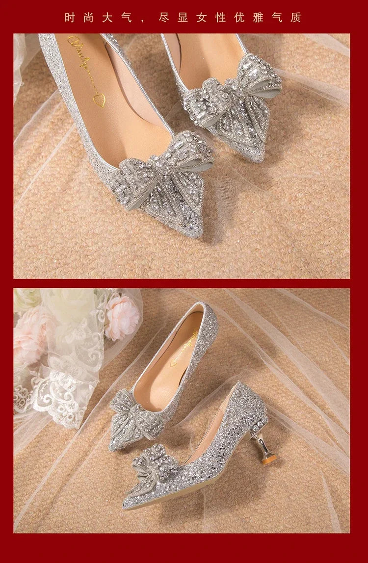 New  Women's Rhinestone Wedding Shoes Year Shoes Luxury Buckle Decorative Banquet Women's Shoes High Heels Gold Silver Red