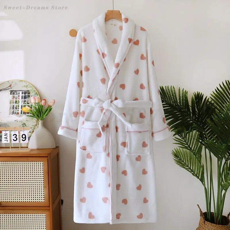 Autumn Winter Female Robe Thicken Flannel Bathrobe Kimono Sleepwear with Pocket Cute Print Sweet Heart Home Dress Lounge Wear