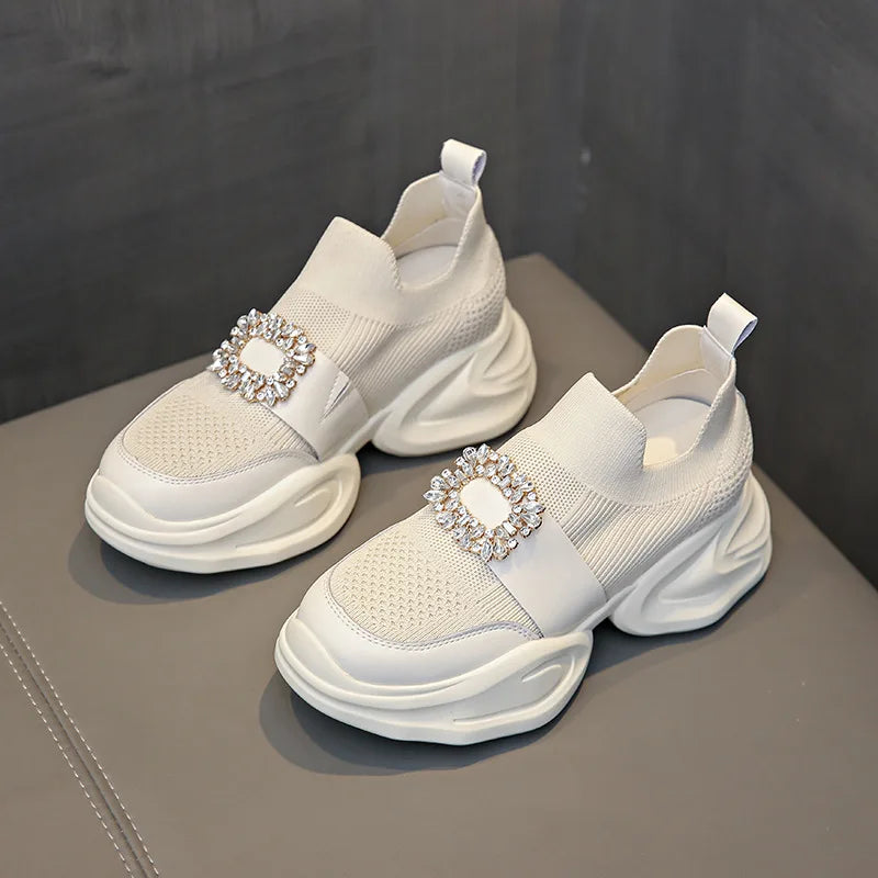 Platform Shoes Women's Spring Summer New Fashion Rhinestone Sports Casual Shoes Slip-On Mesh Breathability Sneakers Women