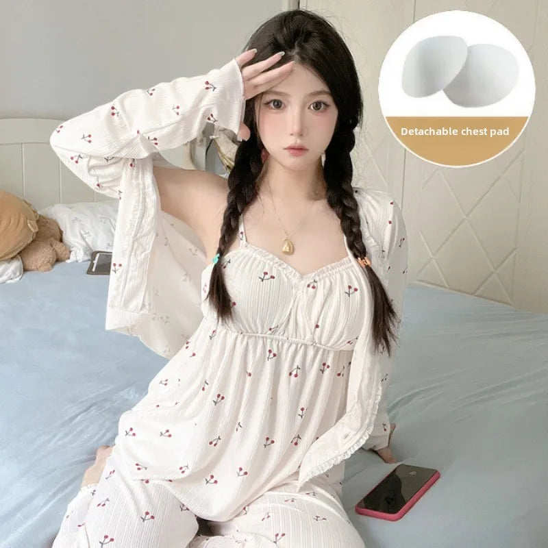 Three-Piece Set of Women Pajamas with Chest Pads Small Floral Suspender Pajamas Ladies Long-Sleeved Trousers Sling Nightwear