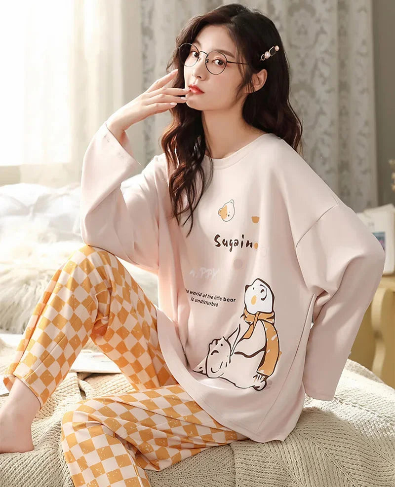 2PCS/Set Ladies Four Seasons Pajamas Long Sleeves Cartoon Casual Student Homewear Girl Giraffe Cute Print Women Sleepwear