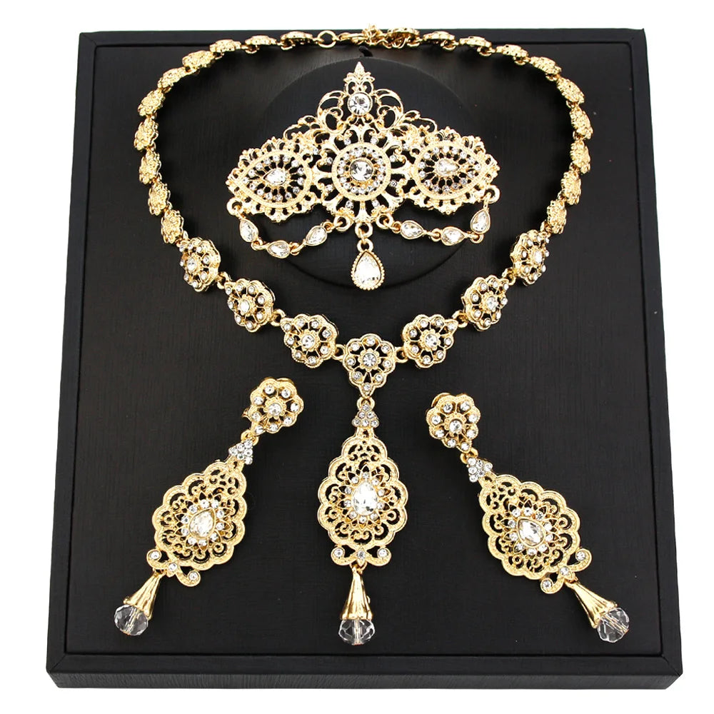 New Gold Color Algeria Bride Wedding Jewelry Set For Women Morocco Earring Necklace Brooch Arabic Traditional Jewelry