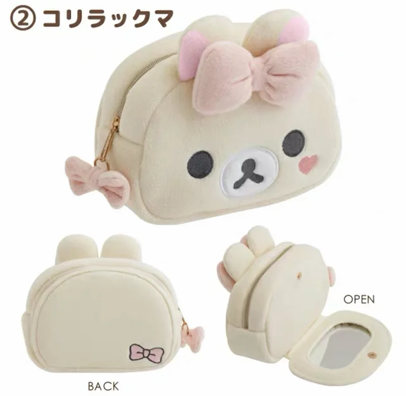 Rilakkuma Korilakkuma Bow Plush Makeup Bag With Mirror Storage Organizer Anime Bear Kawaii Cute Travel Cosmetic Bag Pouch