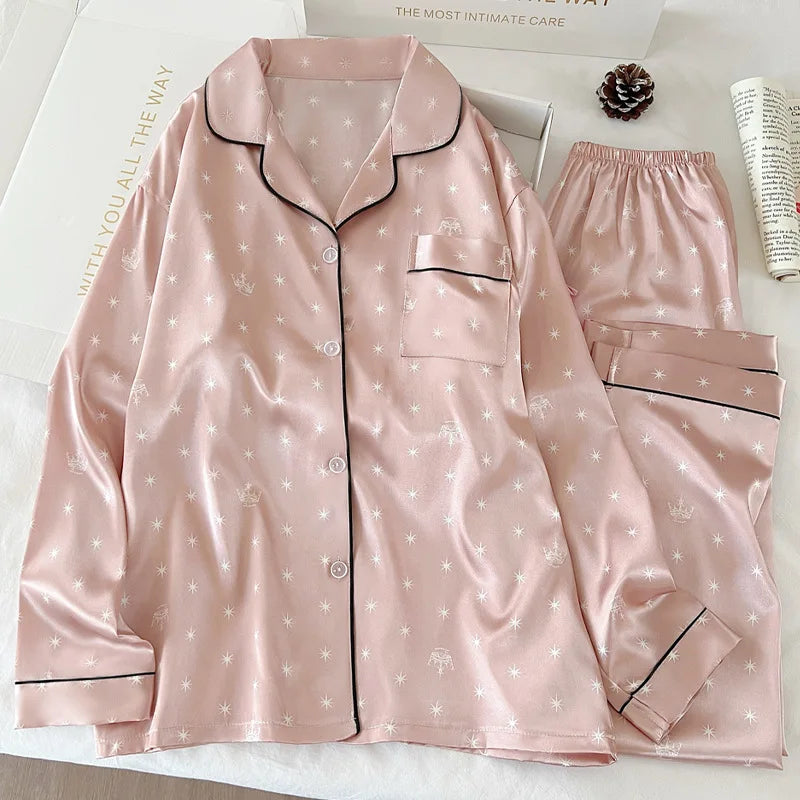 New Japanese-Style Sweet Girl Floral Print Ice Silk Pyjama Set Women's Spring/Autumn Long-Sleeved Top and Trousers Homewear Set