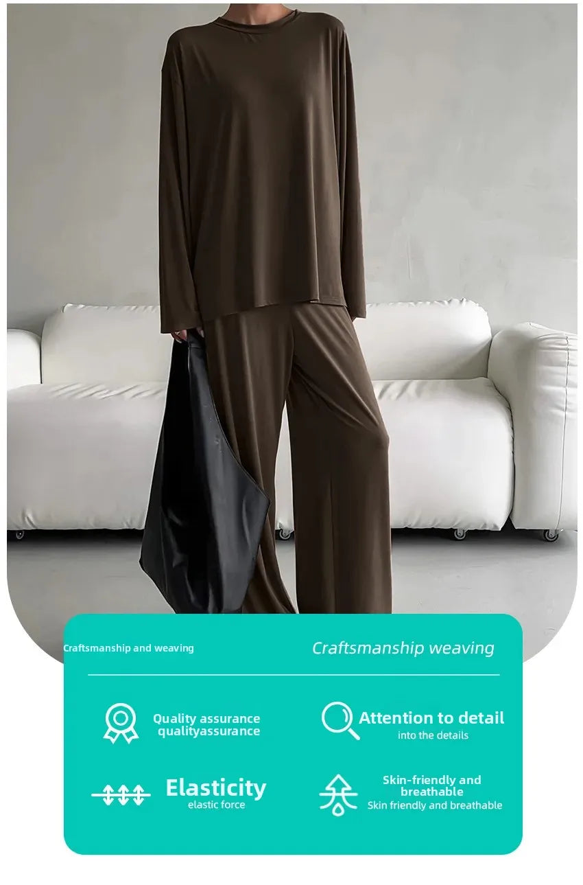 New 2026 Brown Loose Female Sleepwear Suit O-Neck Nightgowns Long Sleeve Nightwear Wide Leg Pants Women's Pajamas 2 Piece Set
