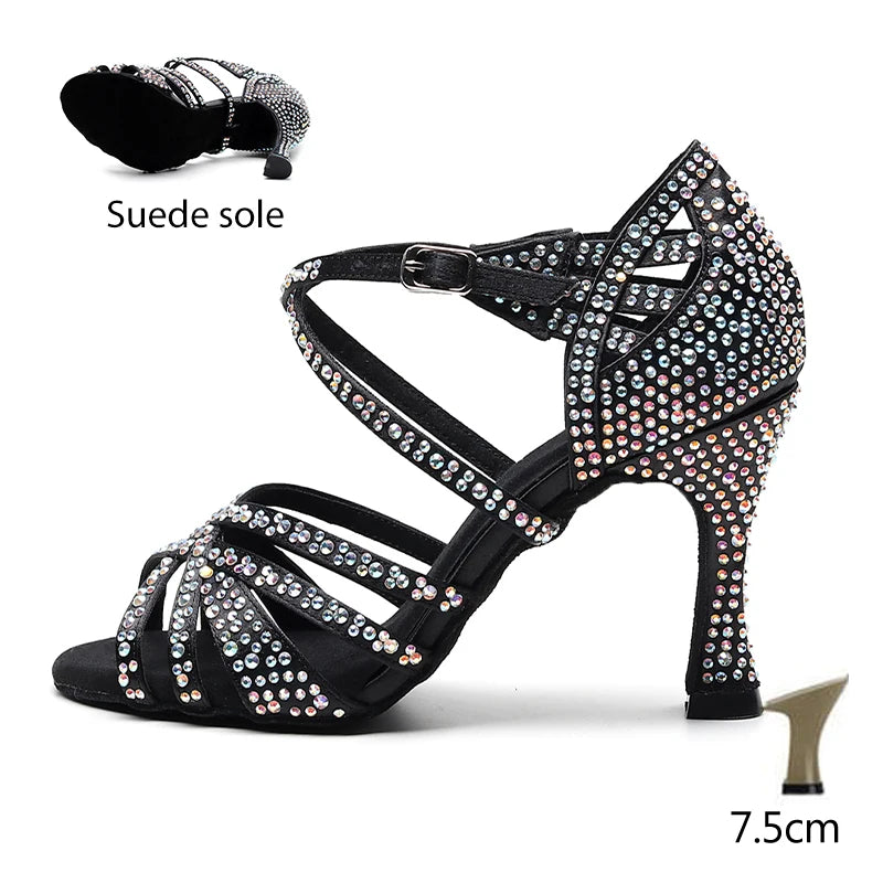 HROYL Ballroom Latin Dance Shoes Ladies Girls New Silk Satin Shiny Rhinestone Cuban High Heels Party Salsa Dance Shoes Women