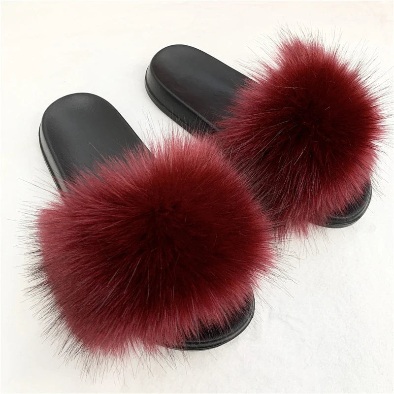 Ladies Fluffy Slippers Summer Women Faux Fur Soft Slides Stylish Open Toe Sandals Outdoor Indoor Furry Comfortable Beach Shoes