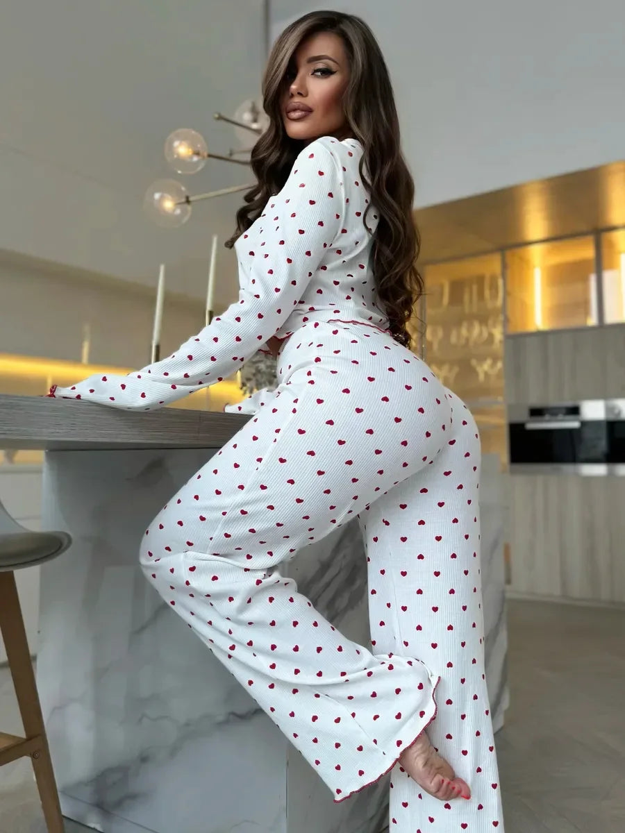 Autumn Winter Pajama Set Women 2pcs Y2K-Style Cherry Print Cuffed-Long-Sleeve Tops and Long Trousers Sleepwear Homewear