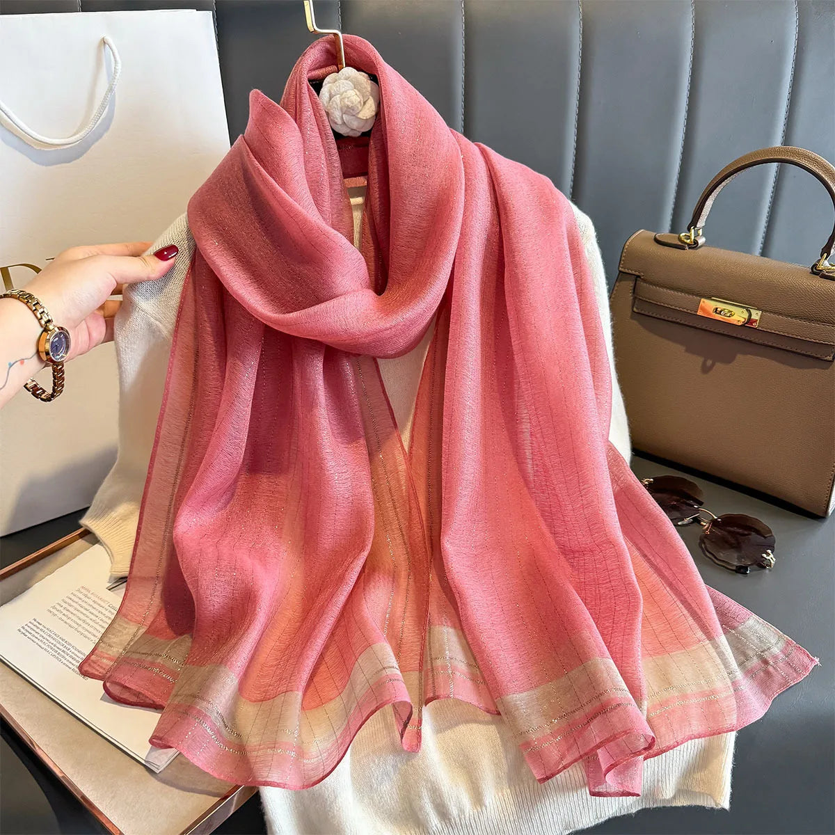 Luxury Long Scarf For Women Elegant Hijab For Travel Beach Soft Stain Neckerchief Shawl Solid Color Imitation Silk Scarves