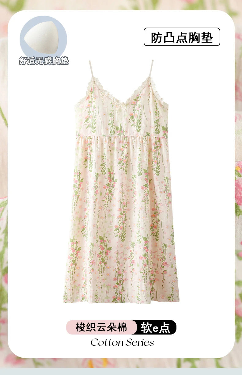 Summer Women Sleeveless Nightdress With Chest Pad Femme Knited Cotton Nightwear Floral Sling Sleepdress