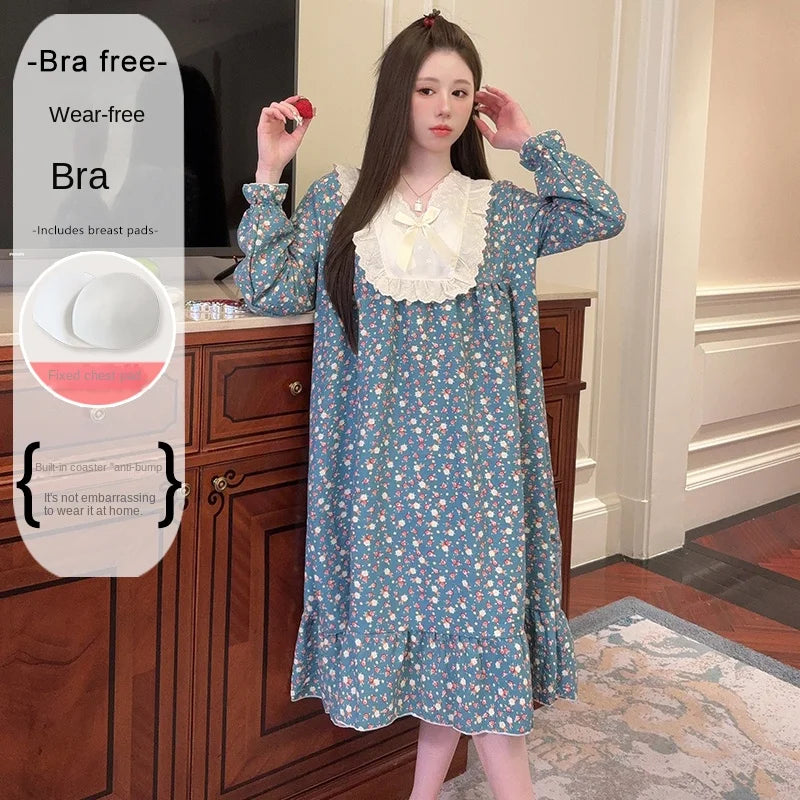2026 Comfy Long Sleeve Home Dress, Women's Floral Print Loungewear for Spring Autumn, Oversize Sweet Korean Style