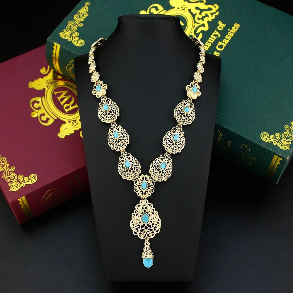 Sunspicems Charm Morocco Choker Necklace For Women Gold Color Droplet Crystal Necklace Hollow Arabesque Bride Wedding Jewelry