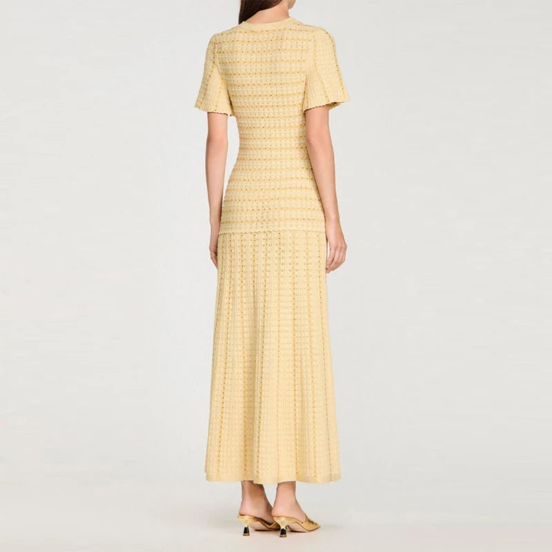 Cinched Waist Sequin Maxi Dress for Women Round Neck Short Sleeved Knitted Dresses 2026 NEW Hollow Out Single Breasted Midi Robe